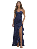 Spaghetti Straps Floral Embroidery Mermaid Prom Dress 2026 Long Corset Formal Evening Gowns with Ruffle Slit