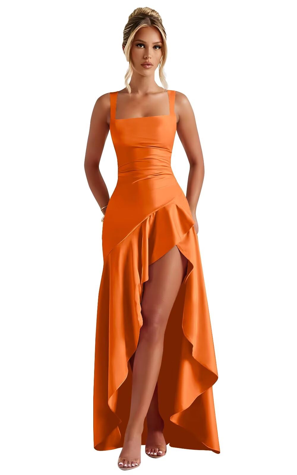 Mermaid Satin Bridesmaid Dresses for Women 2027 Long Ruffles High Low Prom Formal Evening Party Dress with Slit