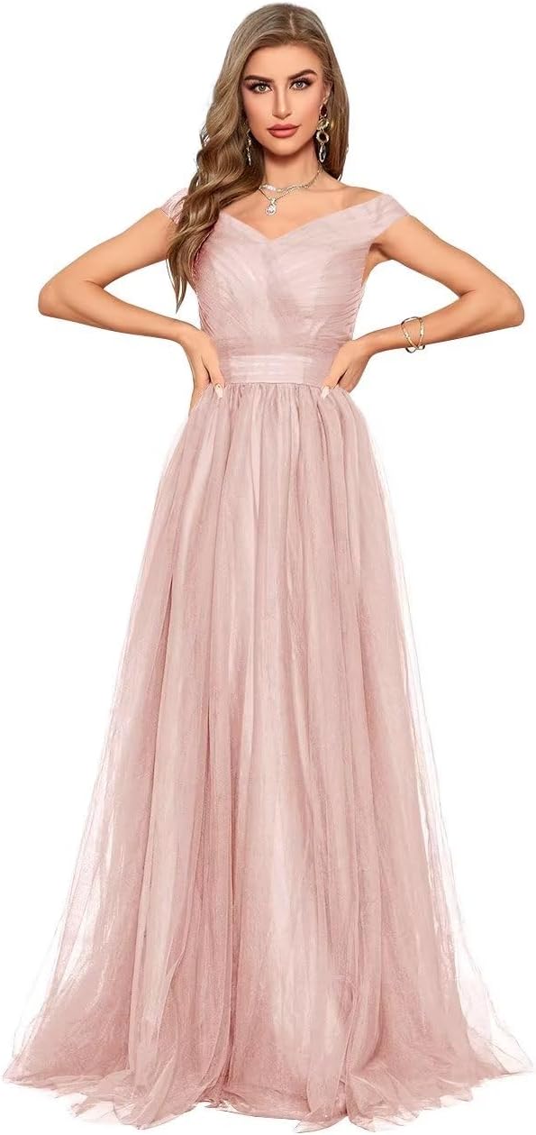 Schulterfreies Ballkleid, langes Ballkleid für Damen, A-Linie, Herzausschnitt, mehrlagiges Tüllkleid für Hochzeit, Abendparty 
