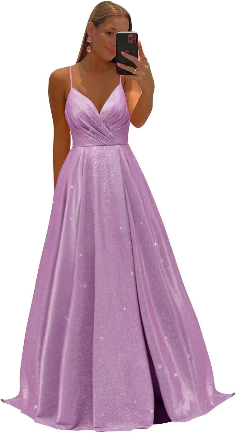Women's Spaghetti Straps Prom Dresses Long V-Neck Sparkling Bridesmaid Dresses Formal Evening Gowns with High Slit