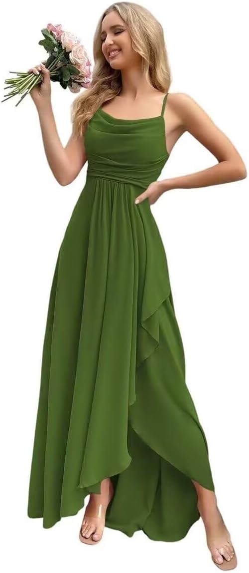 Spaghetti Strap Chiffon Bridesmaid Dresses for Women Long Ruched A-Line Cowl Neck Formal Evening Gowns with Slit