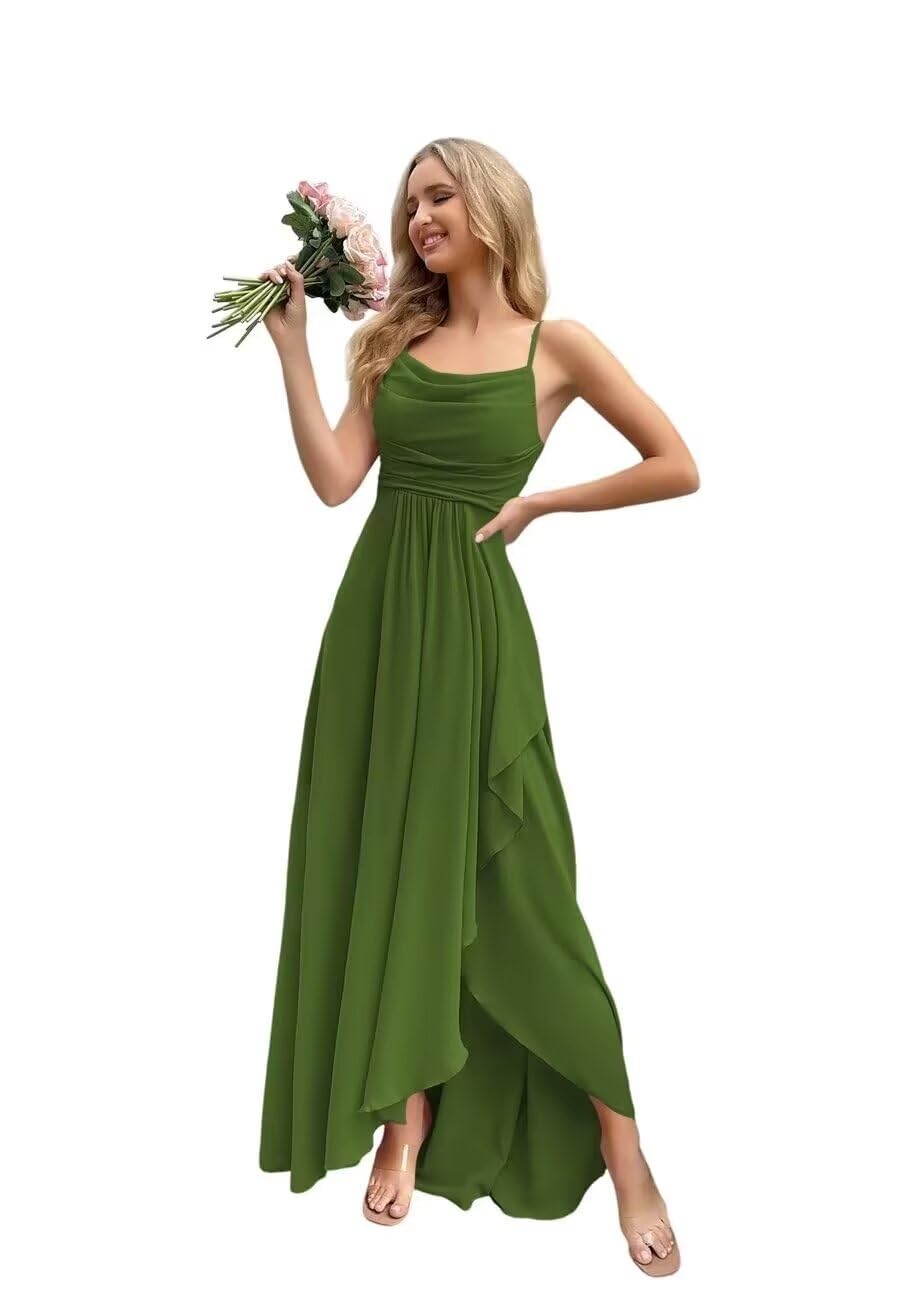 Spaghetti Strap Chiffon Bridesmaid Dresses for Women Long Ruched A-Line Cowl Neck Formal Evening Gowns with Slit