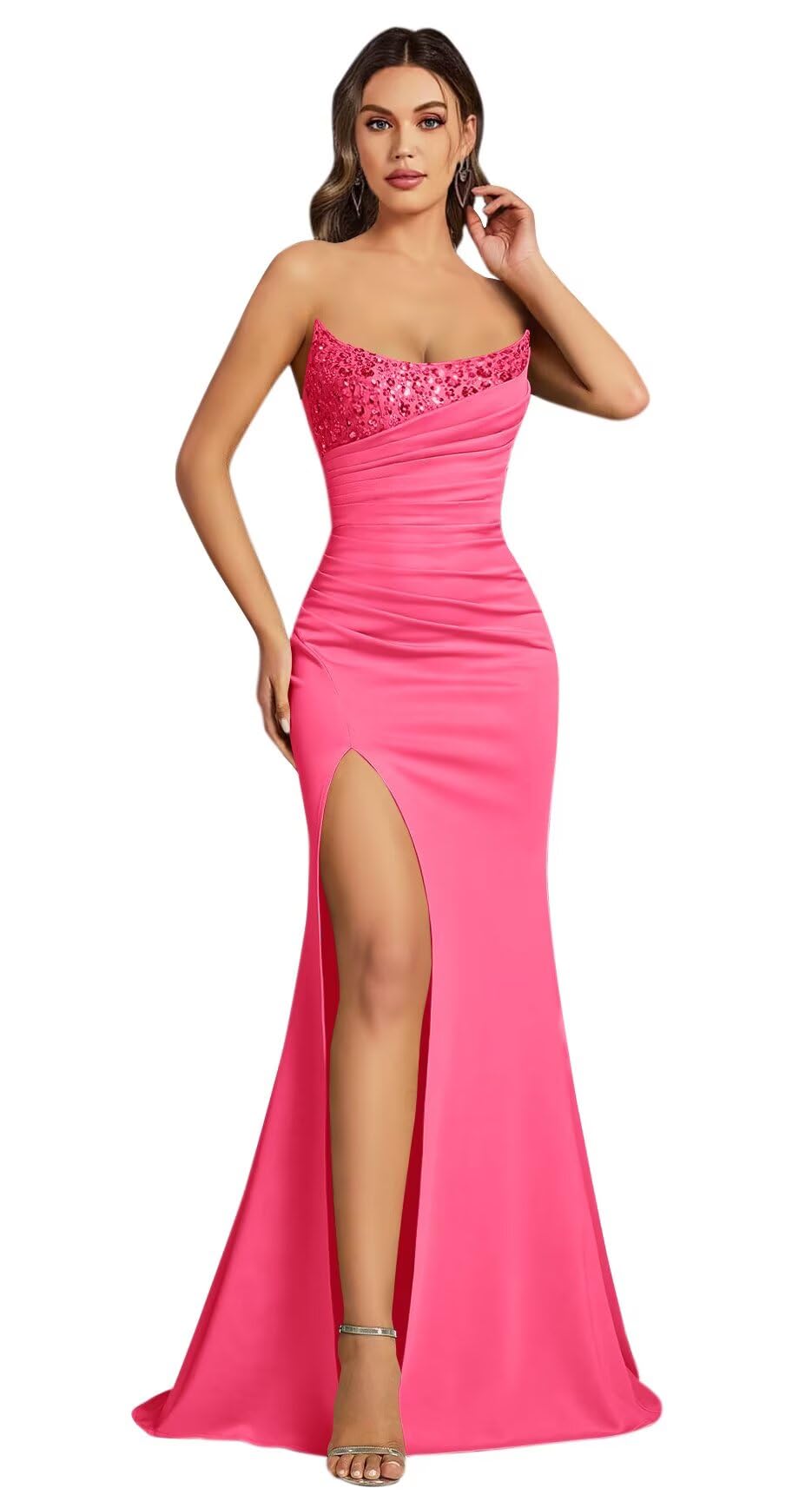 Mermaid Satin Prom Dresses for Women Strapless Sequin Formal Dress 2027 Pleated Evening Party Gowns with Slit