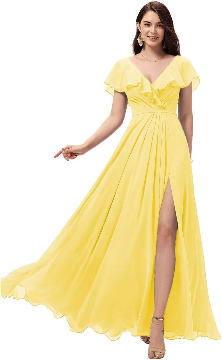 Vestidos de dama de honor largos con escote en V y volantes de gasa para mujer, vestidos de noche formales