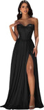 Strapless Prom Dress with Slit Satin A Line Long Ball Gowns for Women Sweetheart Corset Formal Dress with Pockets