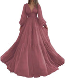 Langes Ballkleid mit Puffärmeln, Tüll, Ballkleid für Damen, Brautkleider, V-Ausschnitt, formelle Abendkleider