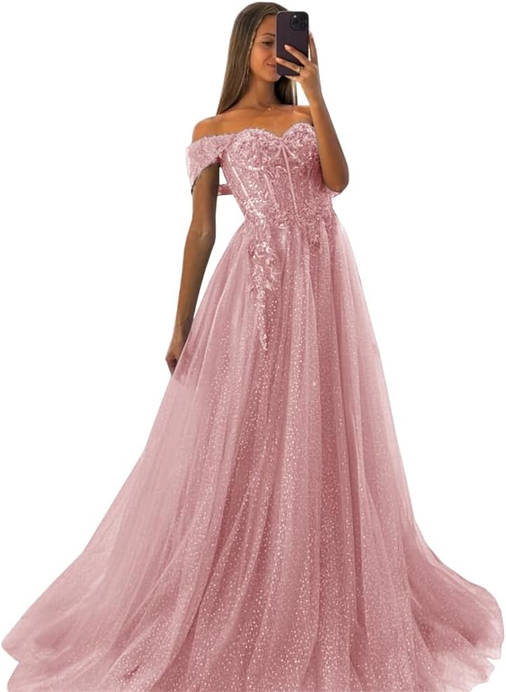 Off The Shoulder Tulle Prom Dresses 2027 Lace Applique A Line Long Sparkly Formal Evening Party Gowns