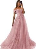 Off The Shoulder Tulle Prom Dresses 2027 Lace Applique A Line Long Sparkly Formal Evening Party Gowns