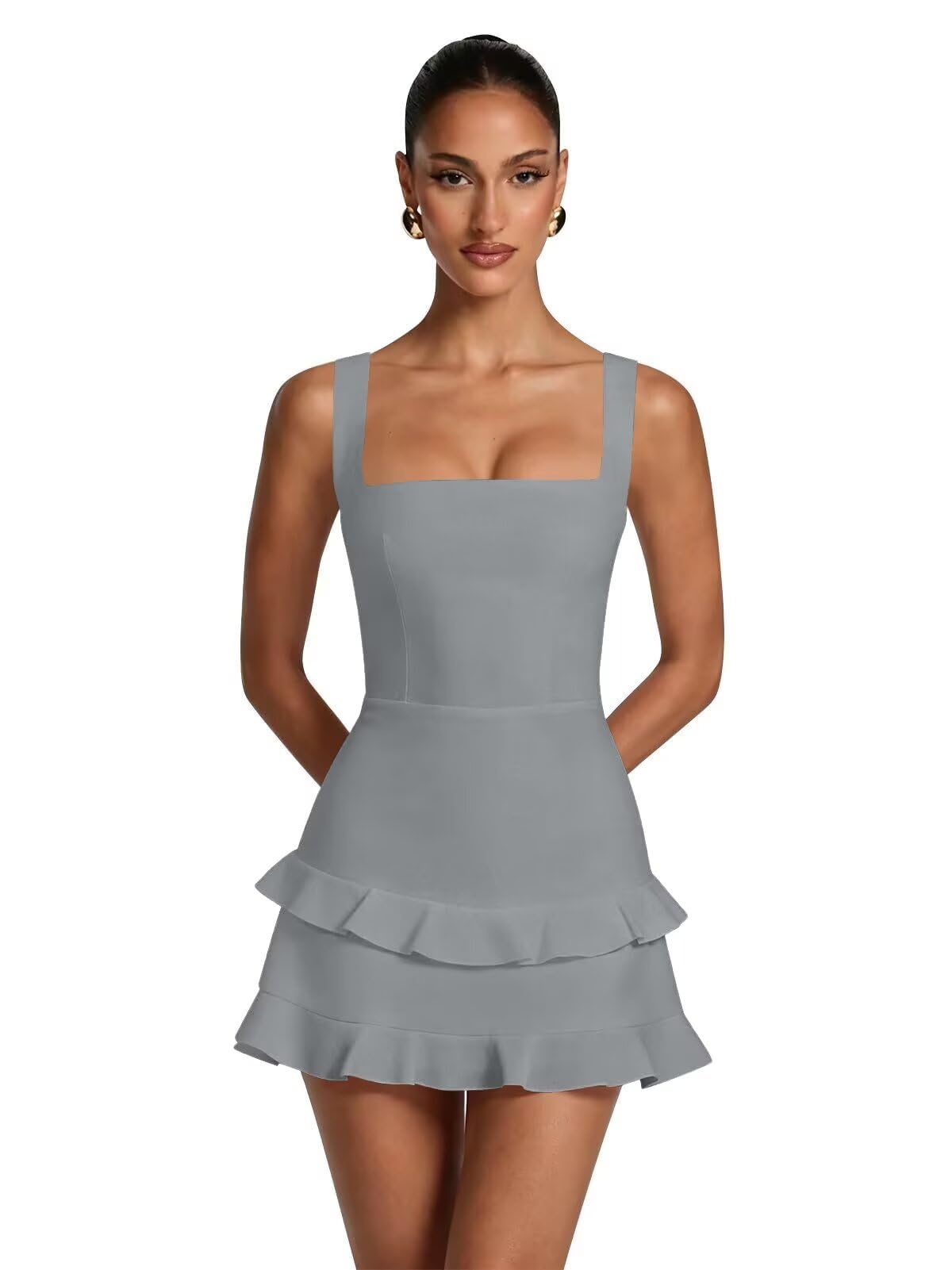Spaghetti Straps Satin Homecoming Dresses for Teens 2026 Square Neck Tiered Ruffles Short Prom Dress