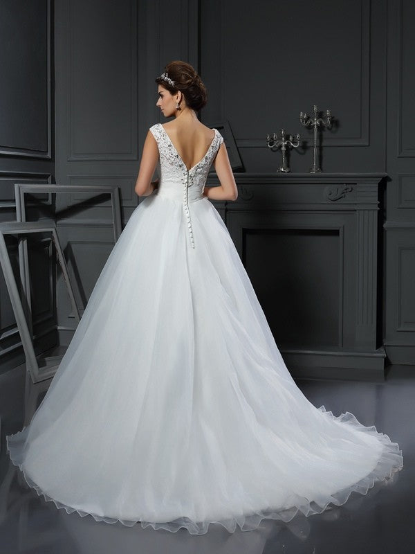 A-Line/Princess V-neck Beading Sleeveless Long Organza Wedding Dresses Bridal Gowns