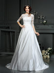 A-Line/Princess Bateau Lace 1/2 Sleeves Long Satin Wedding Dresses Bridal Gowns