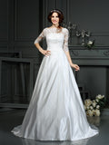 A-Line/Princess Bateau Lace 1/2 Sleeves Long Satin Wedding Dresses Bridal Gowns