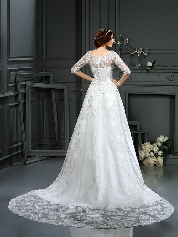 A-Line/Princess Bateau Lace 1/2 Sleeves Long Satin Wedding Dresses Bridal Gowns