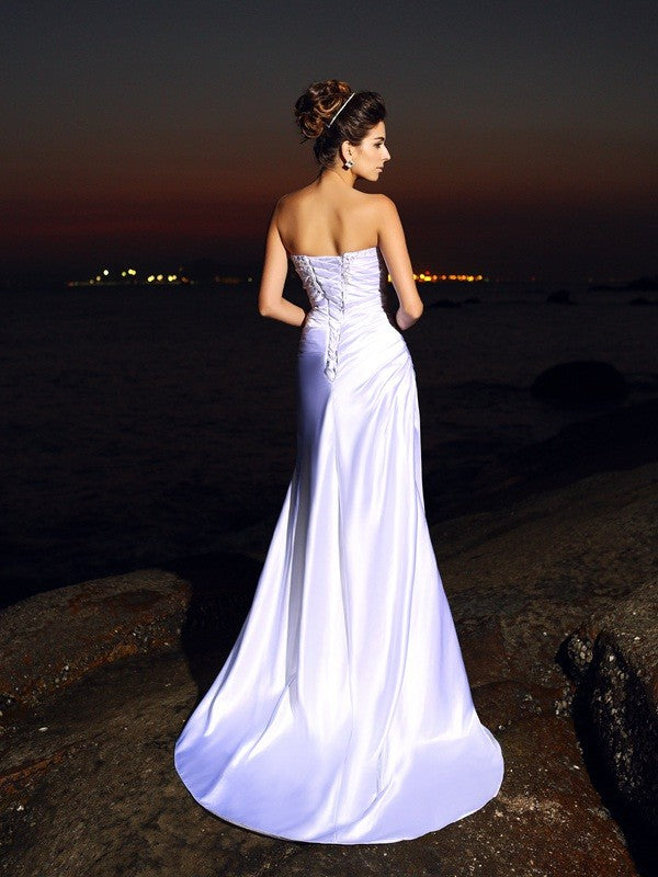 Trumpet/Mermaid Sweetheart Sleeveless Long Silk like Satin Beach Sweep/Brush Train Wedding Dresses Bridal Gowns