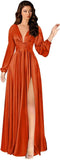 Kingbridal Gowns Long Sleeve Satin Bridesmaid Dresses for Women Long A-Line V-Neck Pleated Formal Evening Party Ball Gown with Slit