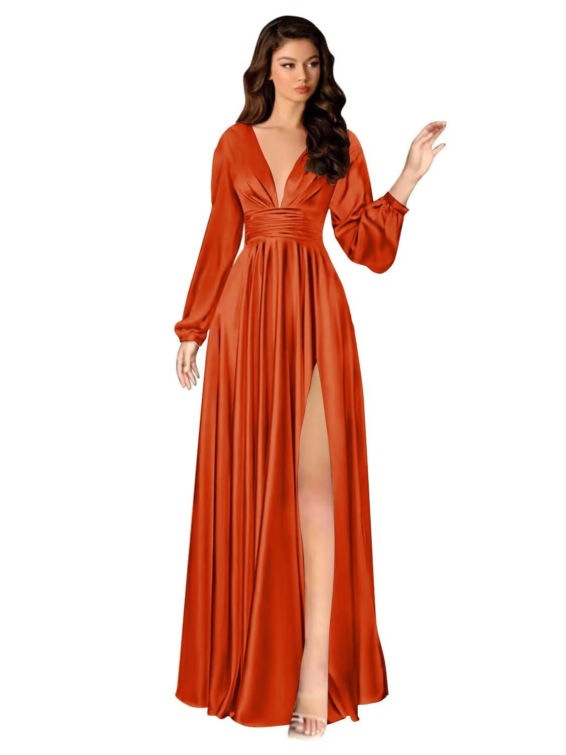Kingbridal Gowns Long Sleeve Satin Bridesmaid Dresses for Women Long A-Line V-Neck Pleated Formal Evening Party Ball Gown with Slit
