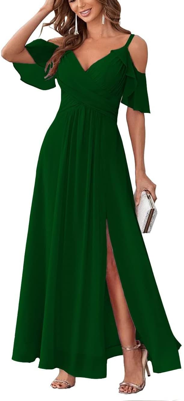 Women's Cold Shoulder Bridesmaid Dresses Long Summer Side Slit Chiffon Formal Evening Gown with Pockets
