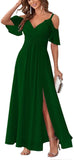 Women's Cold Shoulder Bridesmaid Dresses Long Summer Side Slit Chiffon Formal Evening Gown with Pockets