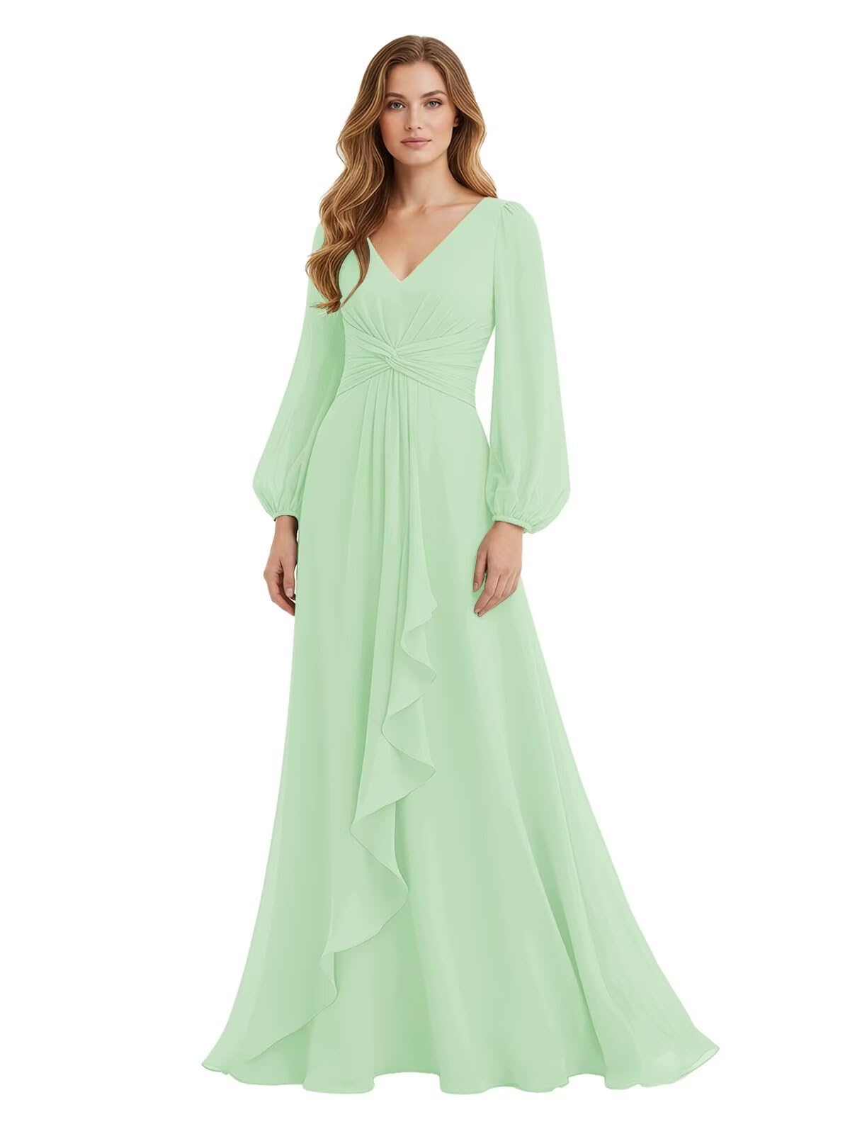 Women's Chiffon Bridesmaid Dresses Long Sleeve Ruffles V-Neck Pleated Formal Wedding Guest Dresses Mother of the bride Dress