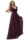 Women's V Neck Ruffle Chiffon Bridesmaid Dresses Long with Pockets Ruched Formal Dresses