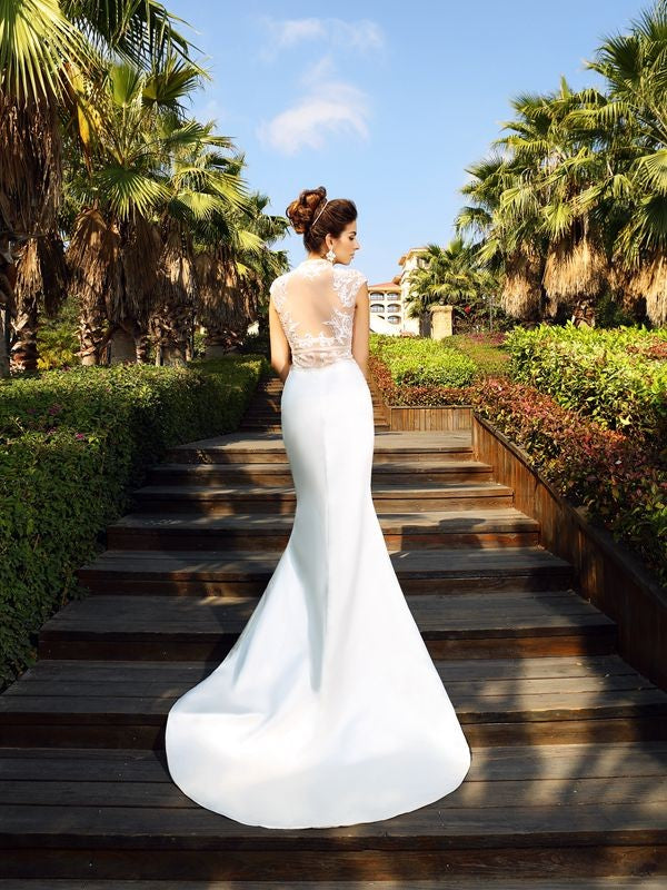 Trumpet/Mermaid High Neck Beading Sleeveless Long Satin Wedding Dresses Bridal Gowns