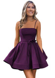 Women’s Short Satin Spaghetti Straps Formal Homecoming Dresses A Line Corset Puffy Prom Gown with Pockets for Teens