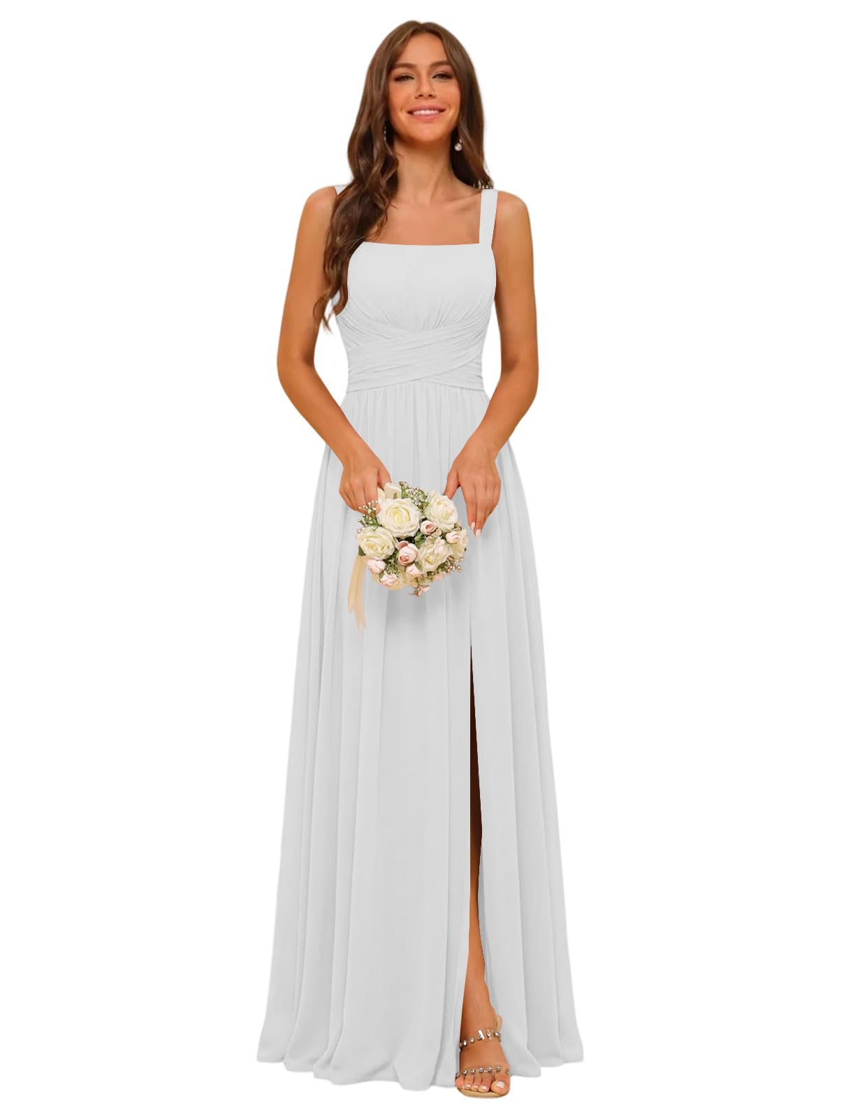 Square Neck Bridesmaid Dress Spaghetti Straps Chiffon Long Formal Dress for Women