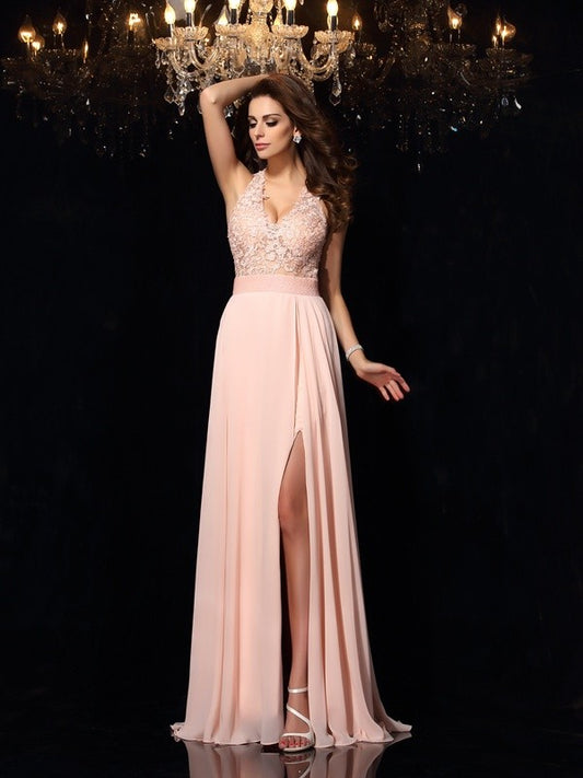 Vestido de noche de graduación de gasa largo sin mangas con encaje halter y corte princesa