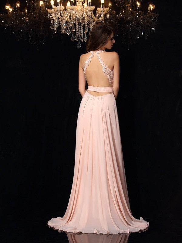 Vestido de noche de graduación de gasa largo sin mangas con encaje halter y corte princesa