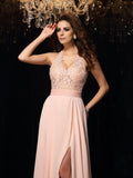 Vestido de noche de graduación de gasa largo sin mangas con encaje halter y corte princesa