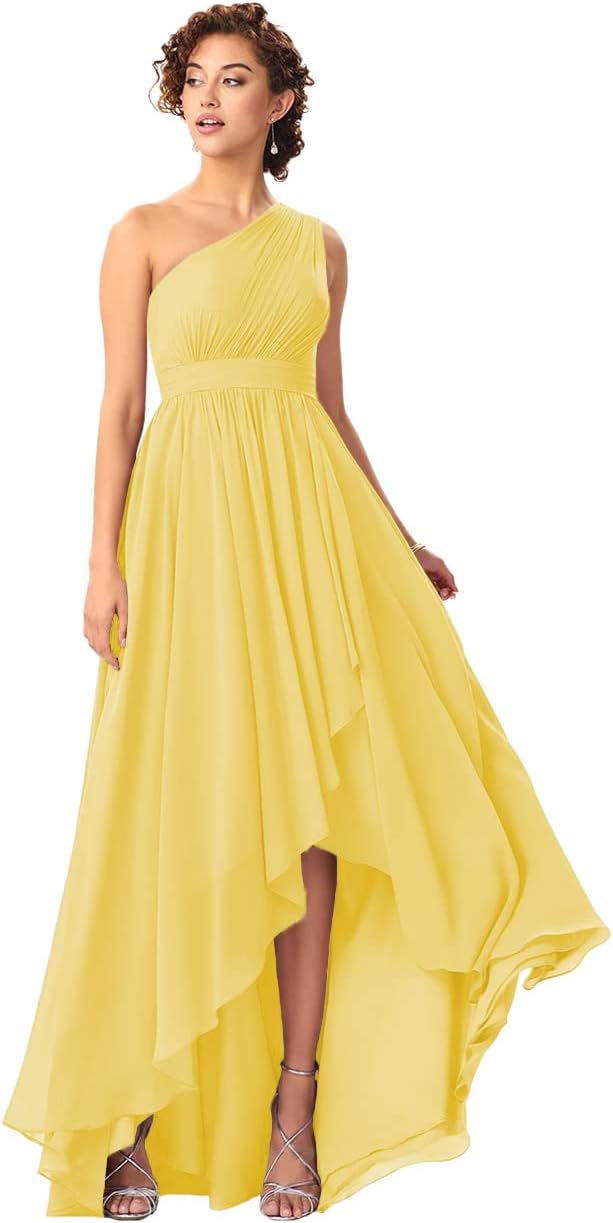 Women's One Shoulder Bridesmaid Dresses High Low Chiffon Formal Party Gowns with Pockets