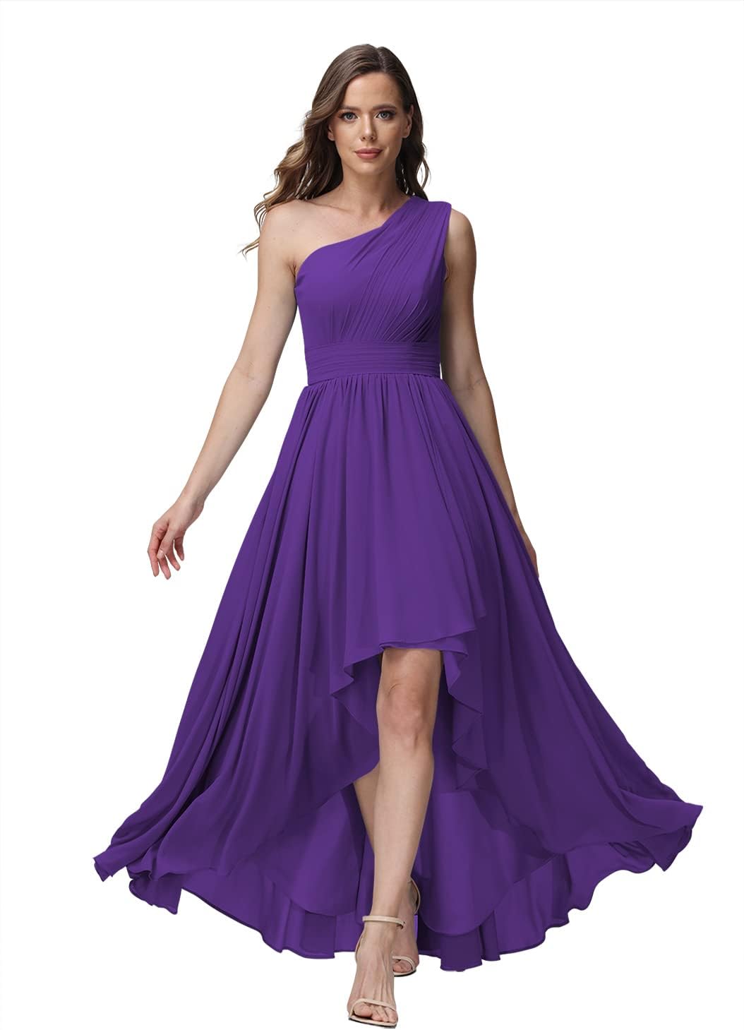 Vestido de dama de honor de un solo hombro para mujer, vestido formal de noche de gasa con bolsillos y corte alto bajo