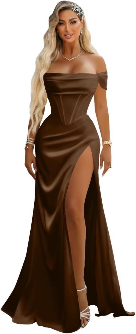 Off Shoulder Mermaid Prom Dresses with Slit 2027 Long Satin Pleated Formal Dress for Women Evening Party