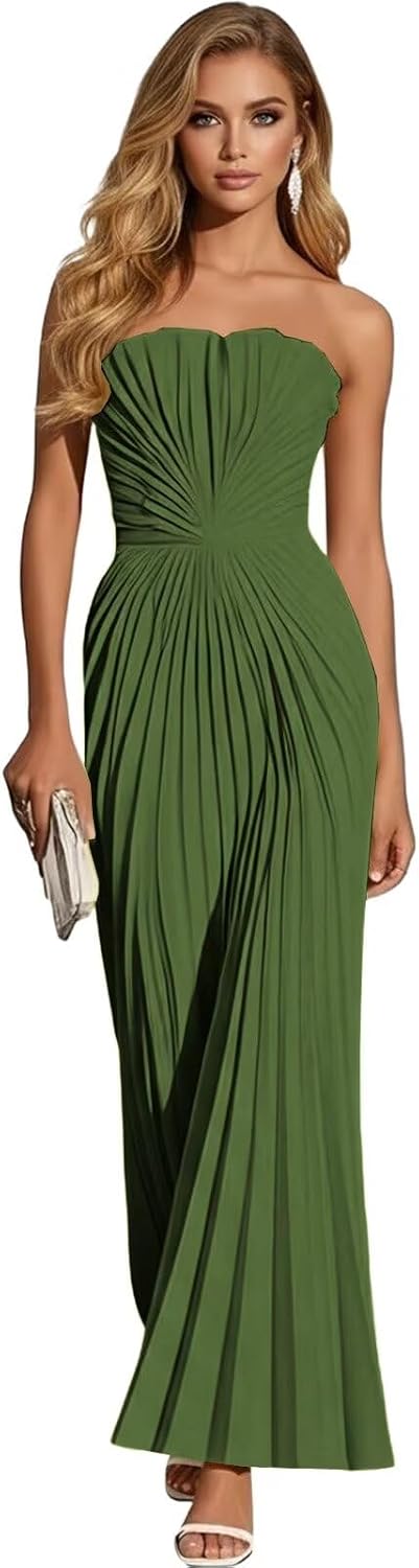 Women's Strapless Pleated Bridesmaid Dress Elegant Sweetheart Neck Formal Prom Gown for Wedding Guest