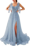 Appliques Tulle Lace Prom Dresses with Slit Spaghetti Straps Formal Evening Dress Sweetheart Ball Gowns