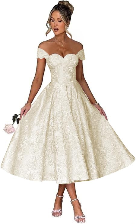 Off Shoulder Tea Length Prom Dress for Women Satin Floral Jacquard A Line Corset Cocktail Dress