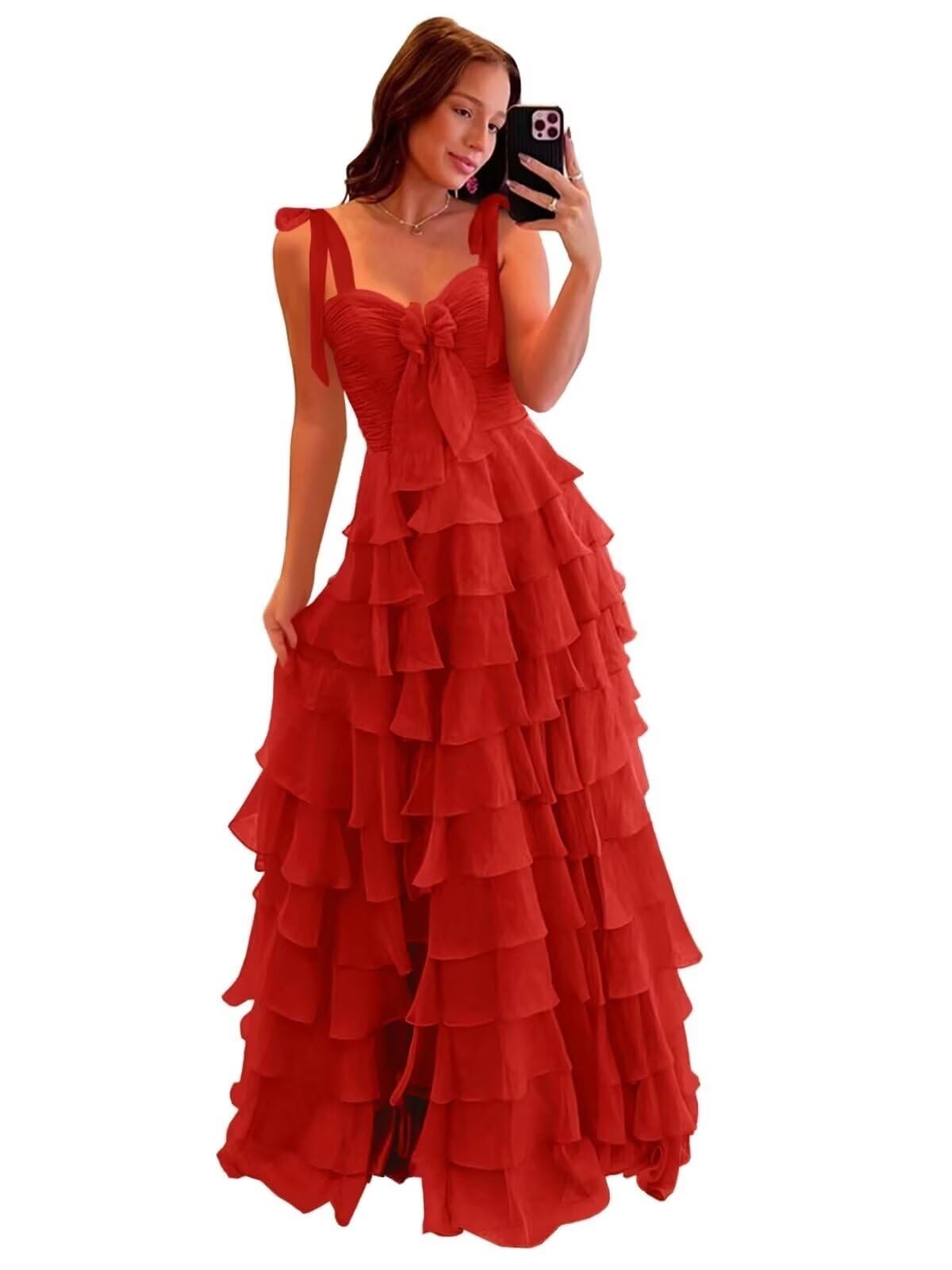Tiered Prom Dresses with Bow Long A-Line Chiffon Formal Evening Dress for Women Spaghetti Straps Slit Ball Gown