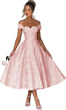 Off Shoulder Tea Length Prom Dress for Women Satin Floral Jacquard A Line Corset Cocktail Dress