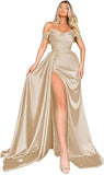 Off Shoulder Satin Bridesmaid Dresses Long Formal Gown for Wedding Ruched Prom Dress with Slit