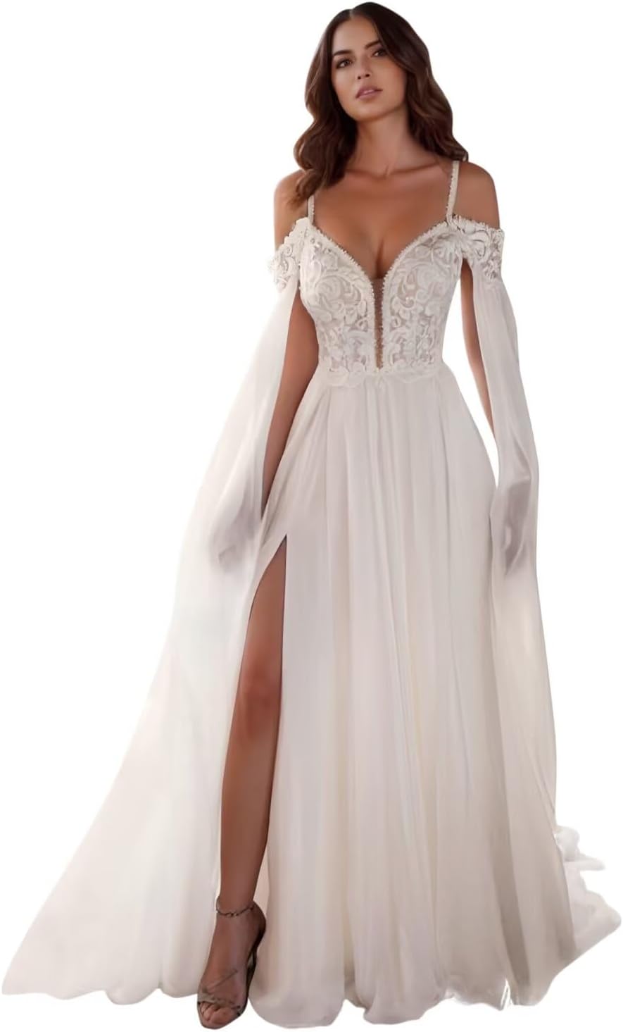 Kingbridal Gowns Lace Appliques Wedding Dresses for Bride Long V Neck Tulle Chiffon A-line Sleeveless Bridal Ball Gown for Women