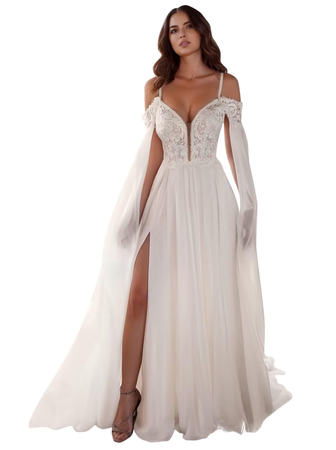 Kingbridal Gowns Lace Appliques Wedding Dresses for Bride Long V Neck Tulle Chiffon A-line Sleeveless Bridal Ball Gown for Women