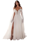 Kingbridal Gowns Lace Appliques Wedding Dresses for Bride Long V Neck Tulle Chiffon A-line Sleeveless Bridal Ball Gown for Women