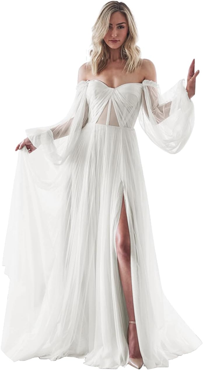 Women's Puffy Long Sleeve Prom Dresses with Slit Off Shoulder Tulle Wedding Formal Evening Gowns