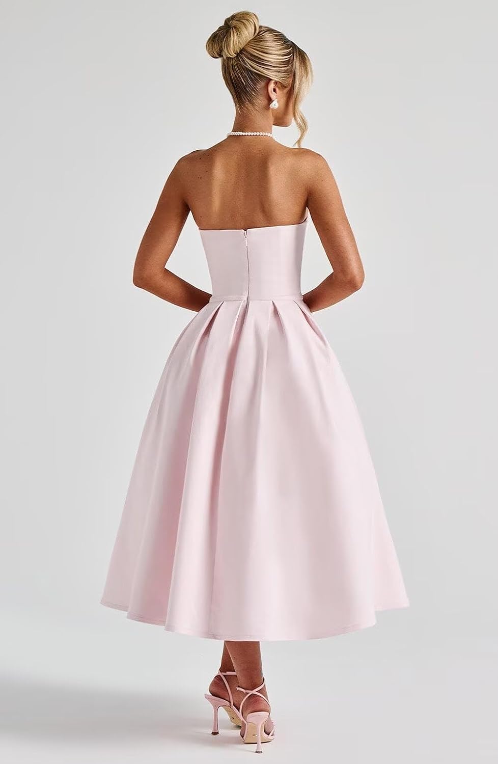 Strapless Satin Tea Length Prom Dresses for Women 2027 A-Line Corset Backless Cocktail Bridesmaid Dress with Pocket