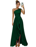 One Shoulder Bridesmaid Dresses for Women Satin Pleated Long A Line Formal Prom Evening Party Dress with Slit