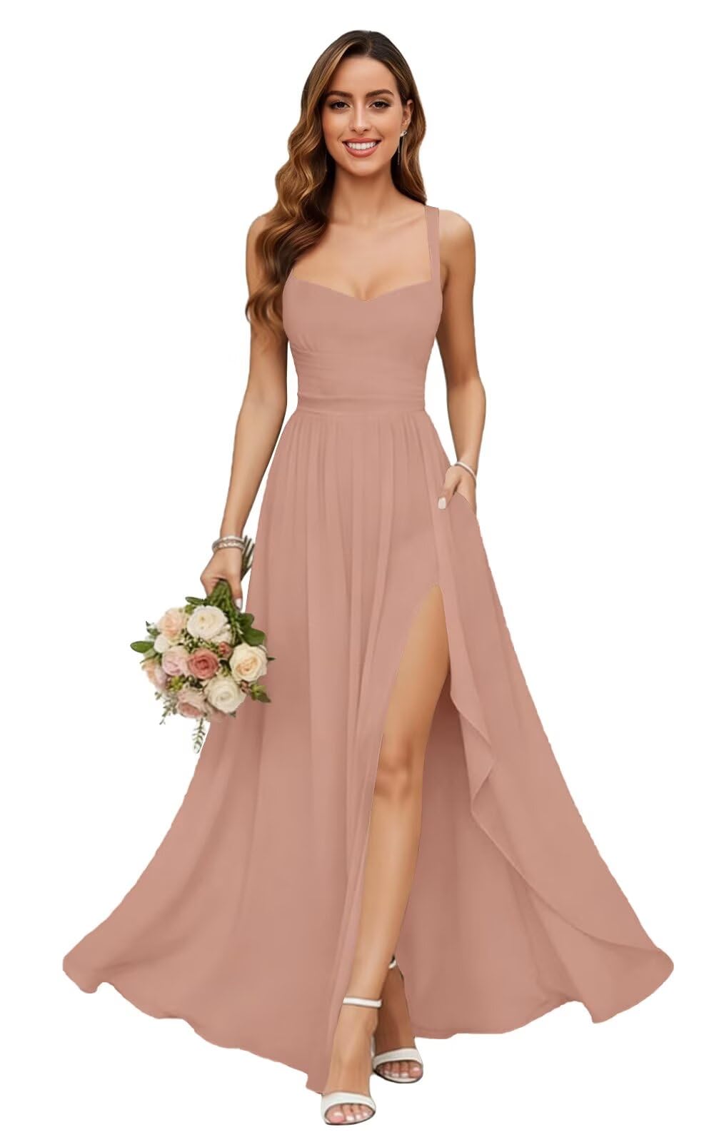 Chiffon Bridesmaid Dresses for Women Long Spaghetti Straps A-line Pleated Formal Evening Party Gowns with Pockets