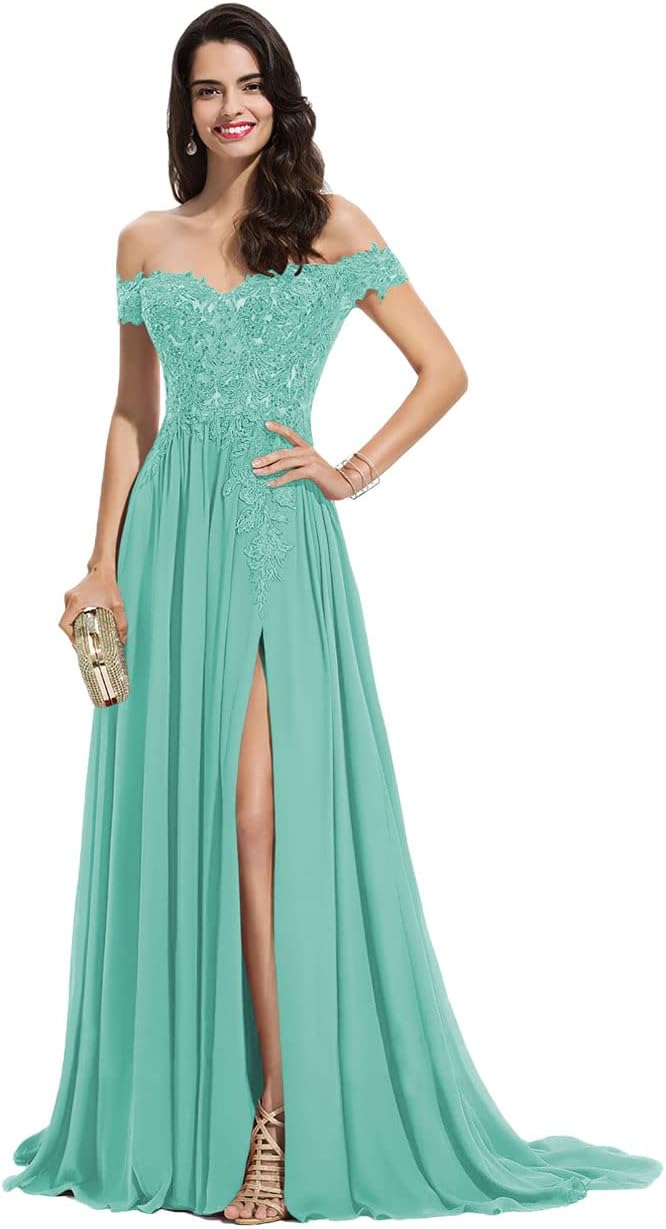 Women's Off The Shoulder Long Prom Dresses with Slit Lace Appliqued Chiffon Formal Party Gowns