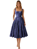 Floral Jacquard Satin Prom Dresses for Women Tea Length Formal Evening Party Dress with Pockets