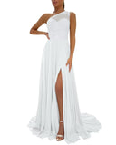 One Shoulder Chiffon Bridesmaid Dresses for Wedding 2026 Lace A-Line Slit Formal Evening Party Gown with Pockets