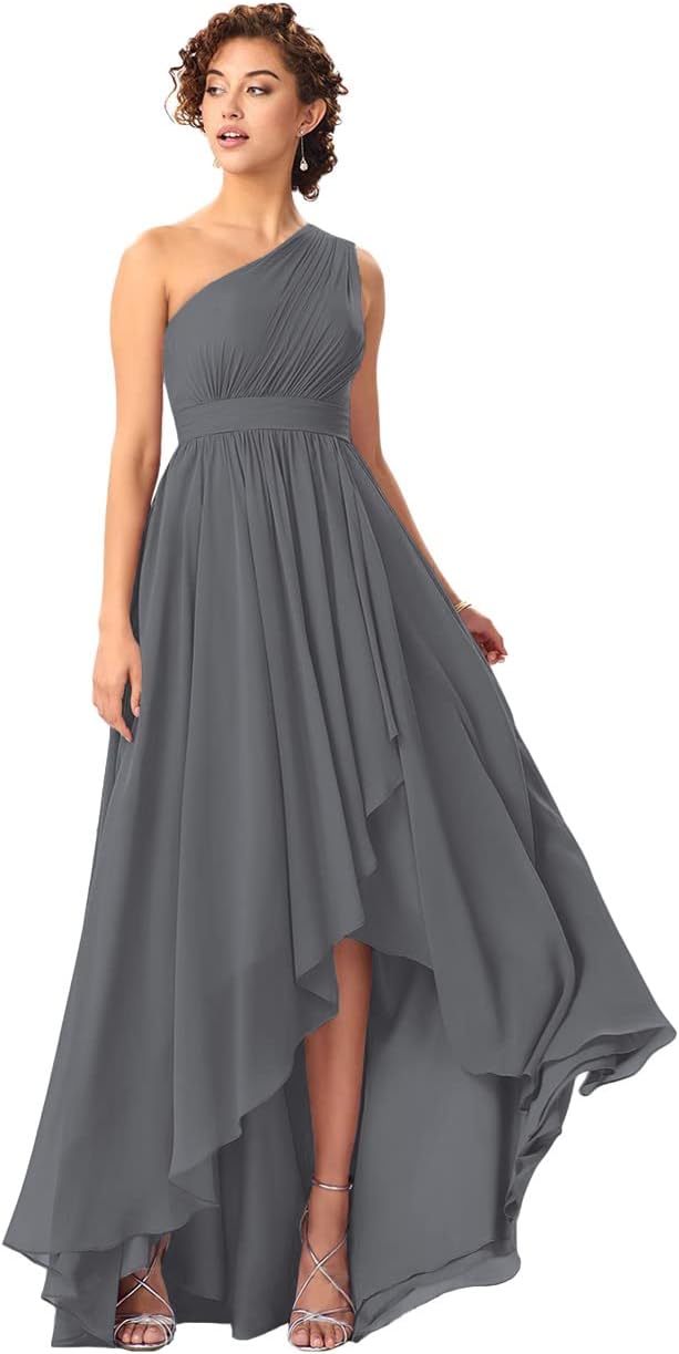 Women's One Shoulder Bridesmaid Dresses High Low Chiffon Formal Party Gowns with Pockets